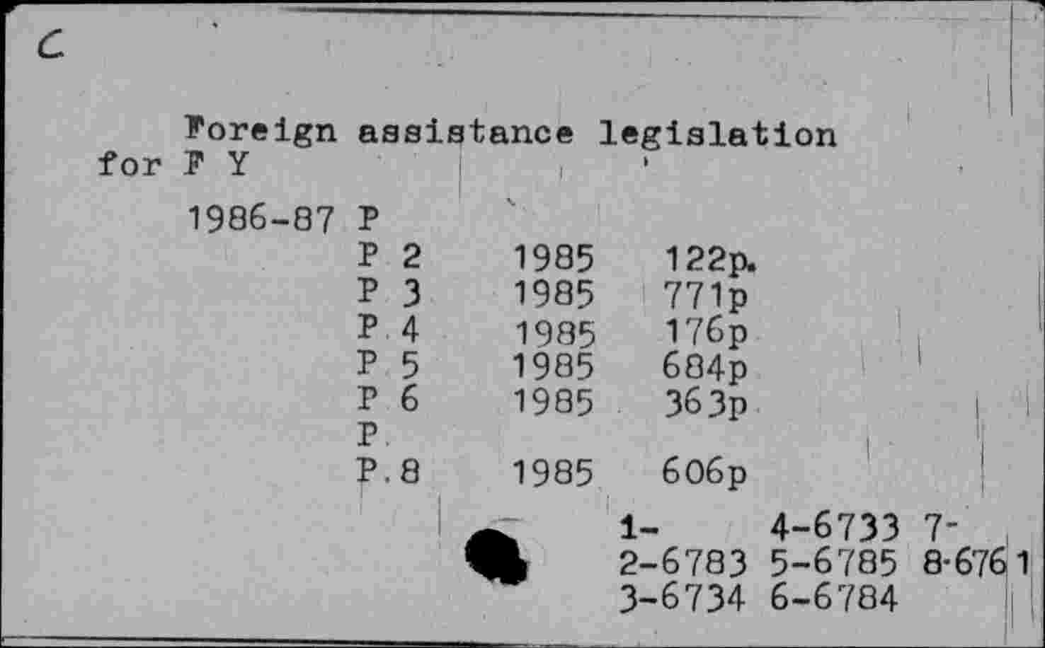 ﻿с 1	
i 1 Foreign assistance legislation for F Y	1	,	• 1986-87 P P 2	1985	122p. P 3	1985	771p P 4	1985	176p P 5	1985	684p P 6	1985	36Зр	I P	I P.8	1985	606p i	i-	4-6733 7- *	2-6783 5-6785 8-676 3-6734 6-6784	1 1